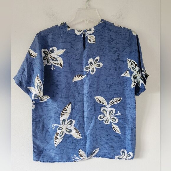 OSCAR DE LA RENTA Expression | Blue Floral 100% Silk Short Sleeve Blouse Size S - Picture 2 of 4